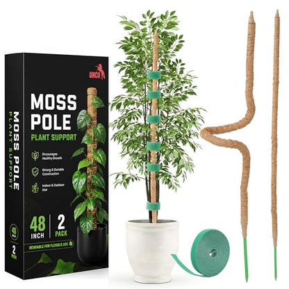 UNCO- Bendable Moss Pole Monstera Plant Support, 48 Inch, 2 Pack, 10 Feet Plant Ties, Moss Poles for Climbing Plants and Monstera Trellis