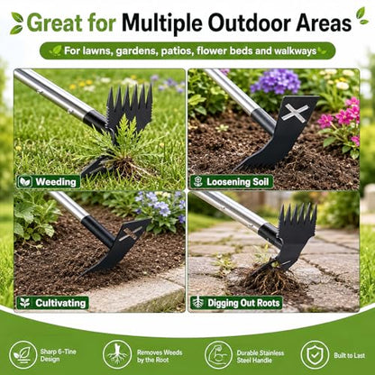 Weed Puller Tool with Long Handle, 61.4 Inch Stand Up Weeder Tool, 4-Claw Stainless Steel Weed Remover, No Bending Manual Dandelion Root Extractor for Lawn Garden Yard Patio