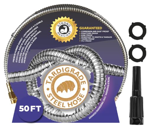 Tardigrade Metal Garden Hose 50 FT, Heavy Duty 304 Stainless Steel Water Hoses, Unmatched Durability, Flexible, No Kink & Tangle, Lightweight, Pet & Rust Proof for Outdoor Lawn Yard