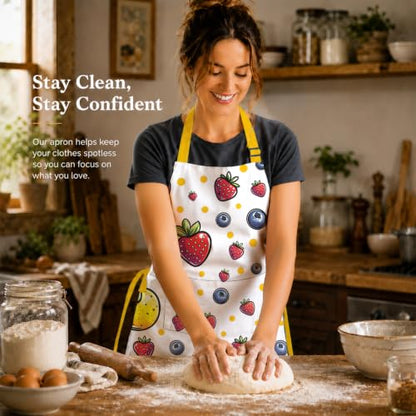 Kosseco Cute Aprons for Women with 1 pocket, Cooking Kitchen Baking Gardening Adjustable Waterproof Aprons for Women - color: Yellow Fruit