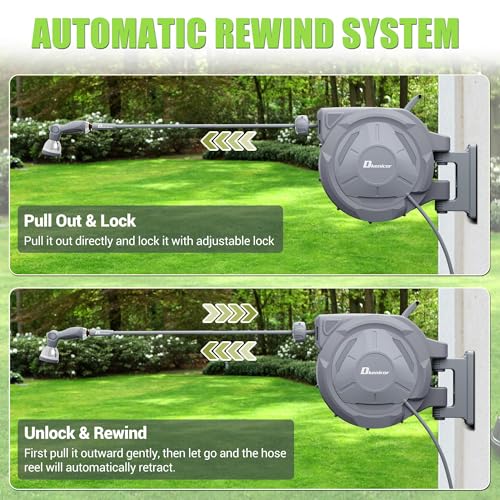 Retractable Garden Hose, 5/8" × 110 ft Wall Mounted Garden Hose Reel with 10-Pattern Hose Nozzle, Heavy Duty Water Hose Any Length Lock,Slow Return System,180°Swivel Bracket