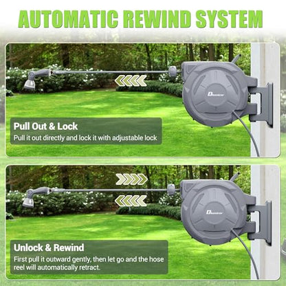 Retractable Garden Hose, 5/8" × 110 ft Wall Mounted Garden Hose Reel with 10-Pattern Hose Nozzle, Heavy Duty Water Hose Any Length Lock,Slow Return System,180°Swivel Bracket