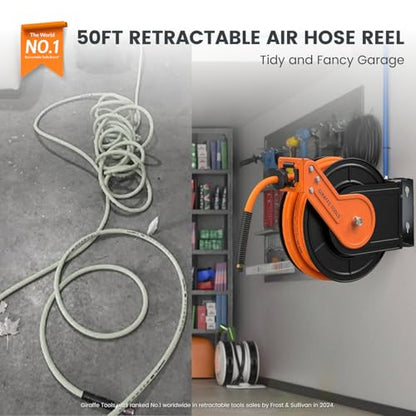 Giraffe Tools Retractable Air Hose Reel 50ft with Swivel Bracket 3/8" - size: 50ft