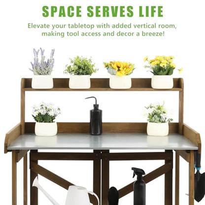 PetsCosset Folding Garden Potting Bench Table，Outdoor Wooden Work Station W/Metal Table Top,2 Tier Open Storage Rack,Top Shelf-Natural Stained