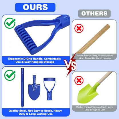 2 Pack Metal Beach Sand Shovels for Kids, 27 Inch Heavy Duty Small Shovels for Digging, Camping, Gardening, Planting, Mini Spade with D-Grip Handle, Blue