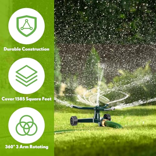 1 Pc Metal Rotary Lawn Sprinkler 3 Arm Heavy Duty 360 Degree Automatic Revolving Whirling Water Sprinkler with Wheeled Base for Lawn Yard Garden Backyard, Cover up to 538 sq ft (Green) - color: Green