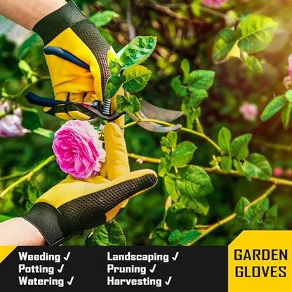 COOLJOB Breathable Mesh Cowhide Leather Work Gloves with Grip, Thorn Resistant Gloves for Gardening Pruning, 1 Pair, S-XL - size: Medium