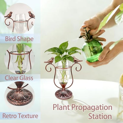 Desktop Plant Propagation Station, Plant Terrarium with Metal Stand - color: Copper Bird, size: 7.1"×6.6"