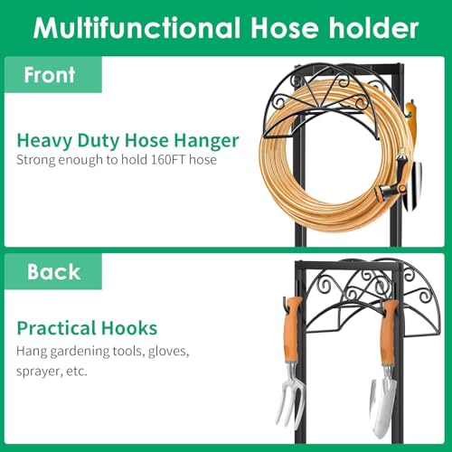 TomCare Garden Hose Holder, Heavy Duty Stand for 160FT Hose with 4 Spikes - color: Black, size: 15.2″ W
