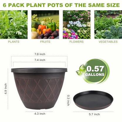 6 Pack 8 Inch Plant Pots, Planters with Drainage Holes & Saucers - size: 8 Inch - 6Pack
