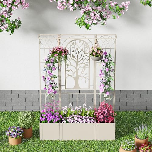 Metal Planter Box with Trellis, Outdoor Raised Garden Bed, Beige - color: Beige