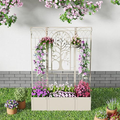 Metal Planter Box with Trellis, Outdoor Raised Garden Bed, Beige - color: Beige