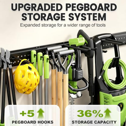 Garage Tool Organizer Wall Mount, 49.5 Inch Heavy Duty Garage Organization System with 10 Adjustable Hooks, Garden Tool Storage Rack for Garage, Yard & Shed, Holds Up to 400 lbs - size: 49.5" | 3 Panels + 10 Hooks