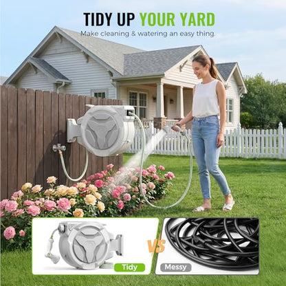 Retractable Garden Hose Reel 1/2"x100ft with 10-Function Nozzle - color: White & Gray
