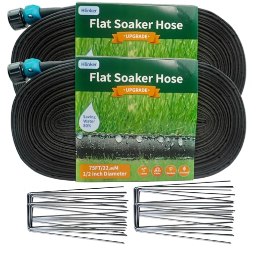 Hlinker 2026 Flat Soaker Hose 150 ft (75ft 2Packs) with Stake for Garden, Linkable Drip Hose Diy Automates Garden Irrigation System Saving 89% Water, Dual-layer Leak-free Design Water Hose with Holes - size: 150FT (75'X2)