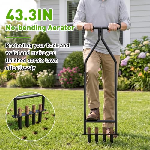 Manual Core Aerator Lawn Tool, Heavy Duty Lawn Aerator Tool with 4 Hollow Tines, Yard Aeration Tool for Lawn, Grass Plug Aerator for Compacted Soil, Lawn Care