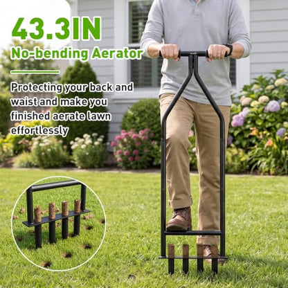 Manual Core Aerator Lawn Tool, Heavy Duty Lawn Aerator Tool with 4 Hollow Tines, Yard Aeration Tool for Lawn, Grass Plug Aerator for Compacted Soil, Lawn Care
