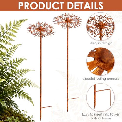 Hicarer 2 Pcs Rusty Metal Flower Garden Stakes Wildflower Yard Decor