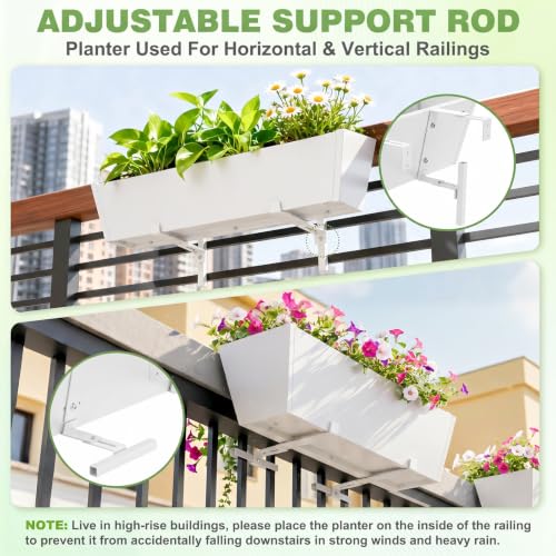 2PC White Railing Planter for Outdoor Plants 36 Inch Metal Hanging Planters Pots with Adjustable Brackets and Drainage Railing Planter Boxes Hanging Flower Pots for Balcony Deck Railings Patio Dec - color: White