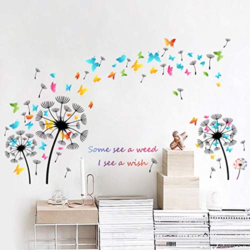 Colorful Dandelion Wall Decals, Peel and Stick Vinyl Decor,Removable Vinyl Wall Stickers with Flowers Butterflies, Birds, Colorful and Black Floral Design for Living Room, Bedroom, Nursery - color: Colorful