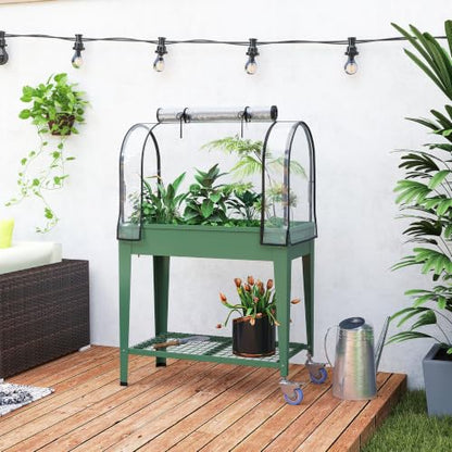 Outsunny Raised Garden Bed with Greenhouse Cover, Lockable Wheels, Green
