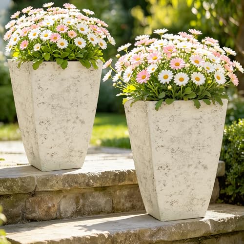 2-Pack 19" Country White Resin Square Planters with Drainage Hole - color: 19"h-ivory Rustic Stone