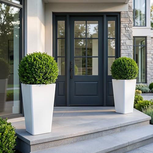 KOL Planters for Outdoor Plants, 28 Inch Tall White Flower Pots 2 Pack, Large Plastic Plant Pots with Drainage Hole and Dual-Purpose Tray, Decorative Indoor Planter for Front Porch Patio Garden - color: White, size: 28 Inch Tall