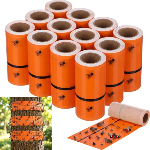 12 Rolls Spotted Lantern Fly Tree Trap 30 Feet Each Roll Lanternfly Tree Outdoor Fruit Fly Sticky Strips Paper Insect Sticky Barrier Trunk Wraps to Protect Plant, Lawn, Garden(Orange) - color: Orange