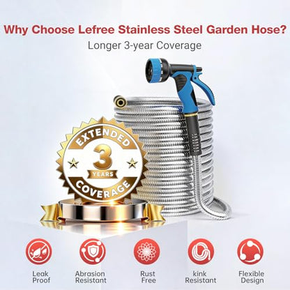 Lefree 100ft Metal Garden Hose with Upgraded Leak‑Proof Rubber Sleeve - color: Silver, size: 100FT