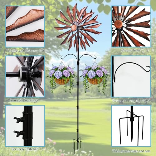 95 Inch Large Wind Spinner Outdoor Metal Garden Stake with Dual Hanging Hooks, Solar Powered Windmill Spinner for Yard & Patio, Heavy Duty Rustproof Kinetic Yard Art with Stable Ground Stake - color: Copper Blade