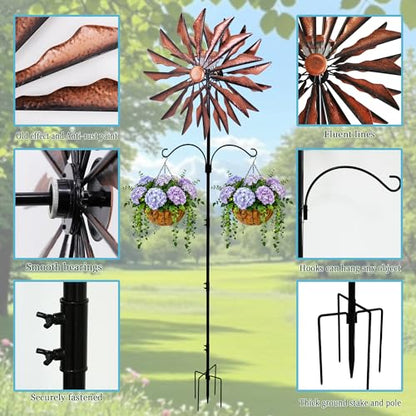 95 Inch Large Wind Spinner Outdoor Metal Garden Stake with Dual Hanging Hooks, Solar Powered Windmill Spinner for Yard & Patio, Heavy Duty Rustproof Kinetic Yard Art with Stable Ground Stake - color: Copper Blade
