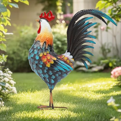 32" Majestic Metal Rooster Yard Decor, Large Outdoor Garden Statue - color: 32"h Extra-large Blue Rooster