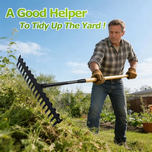 Garden Rake, 60" Wooden Handle with 17-Tine Metal Bow Rake, Secure Fit