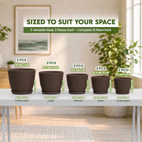 Plant Pots Indoor with Drainage, 10 Pack Multi-Size Planters Set, Brown - color: Brown, size: Pack of 10