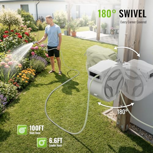 Etoolab Retractable Garden Hose Reel 100ft x 1/2 in with 10 Spray Nozzle - color: White