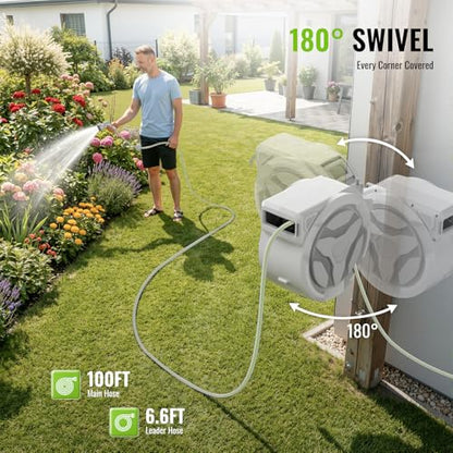 Etoolab Retractable Garden Hose Reel 100ft x 1/2 in with 10 Spray Nozzle - color: White
