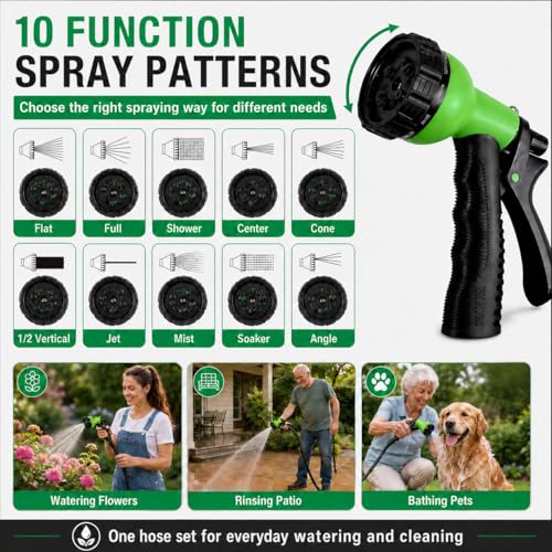 50FT Non-Expandable Flat Garden Hose with 10 Function Nozzle,No-Kink,Black - color: Black, size: 50FT