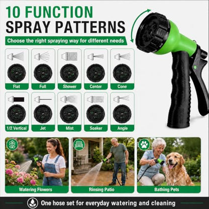 50FT Non-Expandable Flat Garden Hose with 10 Function Nozzle,No-Kink,Black - color: Black, size: 50FT