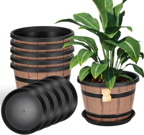 10 Inch Whiskey Barrel Planters with Drainage Holes & Saucer, 5 Pack Plastic Plant Pots with Wine Barrel Design, Flower Pots for Indoor Outdoor Balcony - size: 10inch