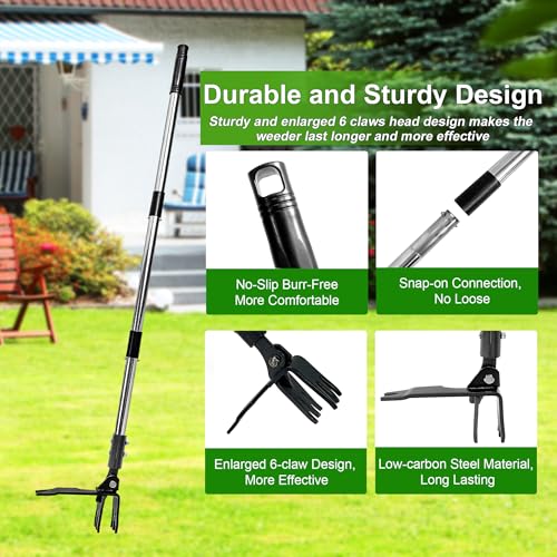 Weed Puller Tool Stand Up Hand Weeder Tool with Adjustable Long Handle, Weed Remover with Steel Head, Remove Weeds Root Easily Without Bending, Pulling or Kneeling for Lawn Garden(6 Claws) - size: 6 CLAWS