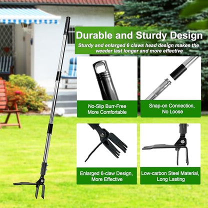 Weed Puller Tool Stand Up Hand Weeder Tool with Adjustable Long Handle, Weed Remover with Steel Head, Remove Weeds Root Easily Without Bending, Pulling or Kneeling for Lawn Garden(6 Claws) - size: 6 CLAWS