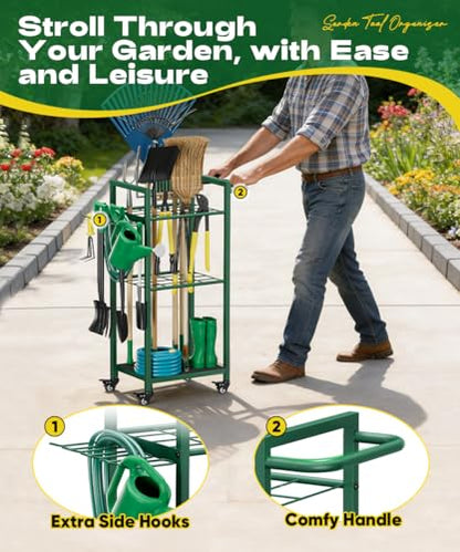 Garden Tool Organizer with Wheels, Green - color: green