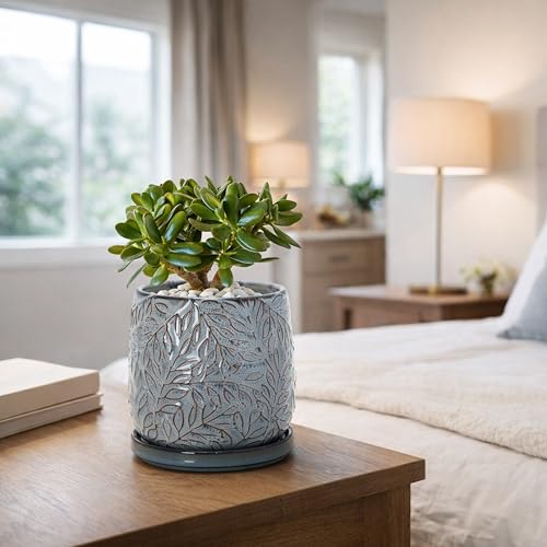 D'vine Dev Embossed Leaves Ceramic Planter, 5 in, Graphite Blue, 27-A-V-9 - color: Graphite Blue, size: 5 Inch