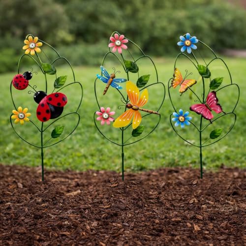3 Pack Metal Garden Stakes, Butterfly Dragonfly Ladybug Outdoor Decor