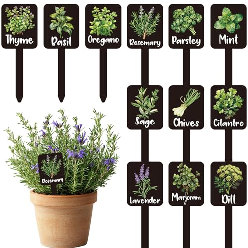 12Pcs Herb Plant Label Signs, 12 Styles Thickened Waterproof Acrylic Garden Herb Markers, Name Printed Plant Stake Tags, Reusable Plant Signs for Nursery Indoor Outdoor Garden Decor
