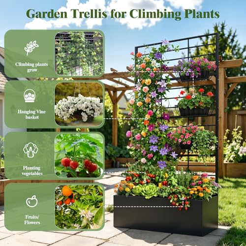 Metal Planter Box with Trellis, 35" Lx15.7 Wx70.8 H Metal Raised Garden Bed with Trellis and Drainage Holes, Outdoor Standing Flower Bed for Climbing Plants,Vegetables,and Vines - size: 1 PCS 35" Lx15.7" Wx70.8" H