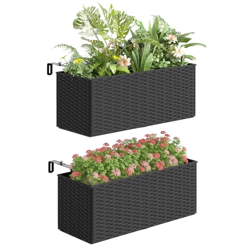 Outsunny 2-Pack 20 Inch Railing Planter Box with Hooks for Fence, Black