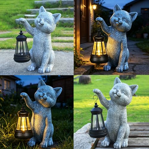 Cat Garden Statue Decorations Outdoor,Solar Resin Figurine with Hanging Lantern Outdoor Decor(cat2) - style: cat2
