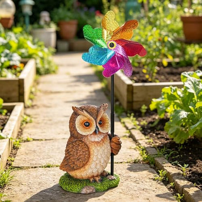 Owl Statue with Reflective Wind Spinners Garden Decor - size: Owl