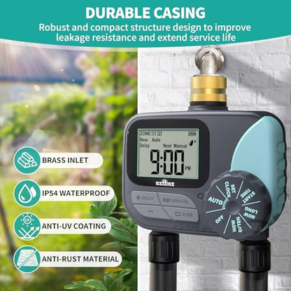 Sprinkler Timer, Water Timer for Garden Hose, Irrigation Timers Controller for Outdoor Plants Lawn, Hose Timers for Watering with Rain Delay/Manual/Automatic Watering System, Brass Inlet 2 Outlet